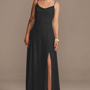David's Bridal Black Cowl Neck Chiffon Bridesmaid Dress with Slit Size 18
